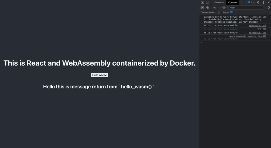 Running React and loaded wasm file with Docker container.