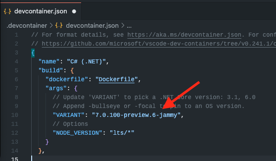devcontainer.json file with jammy