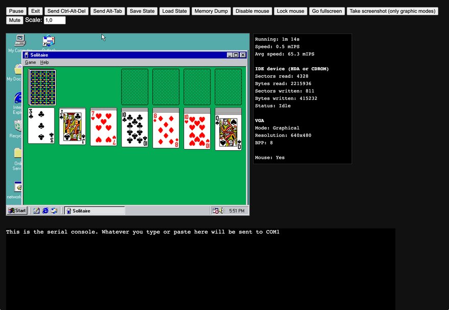 Screenshot of Windows 98 with Solitaire running in the browser