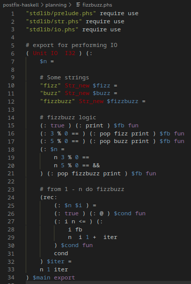 Implementation of fizzbuzz in the language